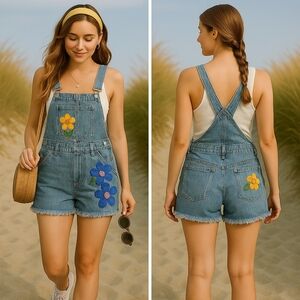 Overalls shorts sz M, new, embroidered florals